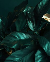 Modern Floral Arrangement with Dark Green Leaves and Metallic Accents