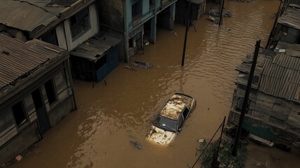 A flooded street in a city, with a car submerged in the water.