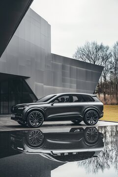 Luxury SUV parked by modern building reflecting on water