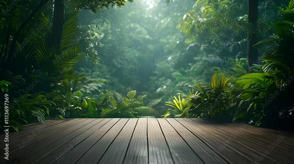 Aufkleber A serene forest scene with a wooden platform surrounded by lush greenery and soft light.