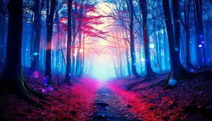 Fototapeta premium 幻想的な森,夜の森,神秘的な風景,魔法の光,夢の世界,鮮やかな色彩,暗い森,光る葉,ファンタジーアート,赤い道,青い光,幻想的な自然,霧の森,異世界の風景,ロマンチックな雰囲気