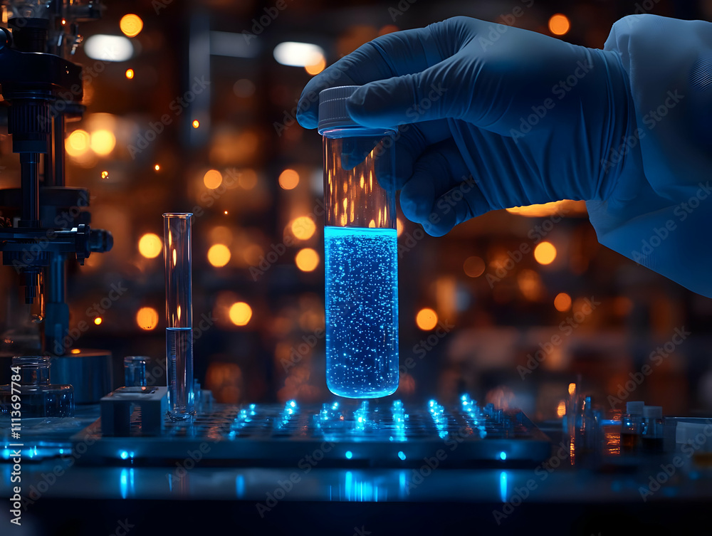 Aufkleber a scientist holds a glowing test tube in a laboratory setting, indicating experimentation.