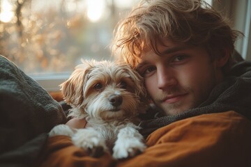 Cozy indoor scene of a woman hugging her small white dog in a cafe with warm natural light, minimalist furniture and cheerful atmosphere
