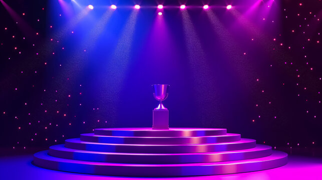 Golden Blue Purple Award Background: A decorative background in gold, blue, and purple featuring a trophy on a stage platform with spotlight effects, suitable for awards and celebrations.