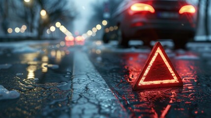 Car with problems and a red triangle to warn other road users