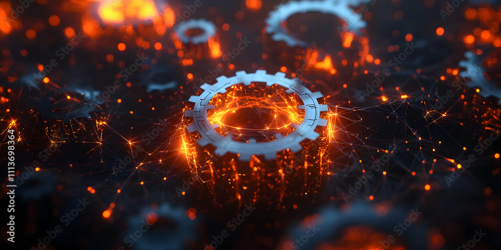 Poster a digital depiction of gears glowing with fiery elements, symbolizing technology and innovation.