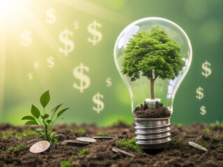 Stack of coins, light bulb on the floor, natural bokeh light. Finance and savings concept.