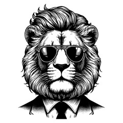 Businessman Lion in sunglasses and a suit, conveying a cool, powerful, and sophisticated vibe sketch engraving generative ai PNG illustration. Scratch board imitation. Black and white image.