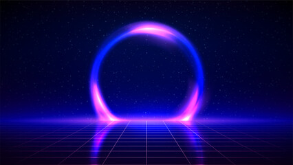 Retro futuristic background. Synthwave 80s style, neon color. Shining circle of space portal, laser, neon grid. 3d dark blue backdrop, digital template. Starry sky background, mesh grid floor. Vector