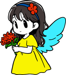Cute Angelic Girl Holding Flowers in Yellow Dress with Red Flower Hair Accessory and Blue Wings