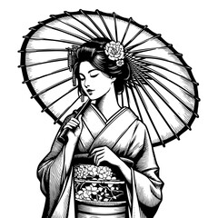 Obraz premium traditional geisha, adorned with a floral kimono and holding an umbrella parasol sketch engraving generative ai fictional character PNG illustration. Scratch board. Black and white image.