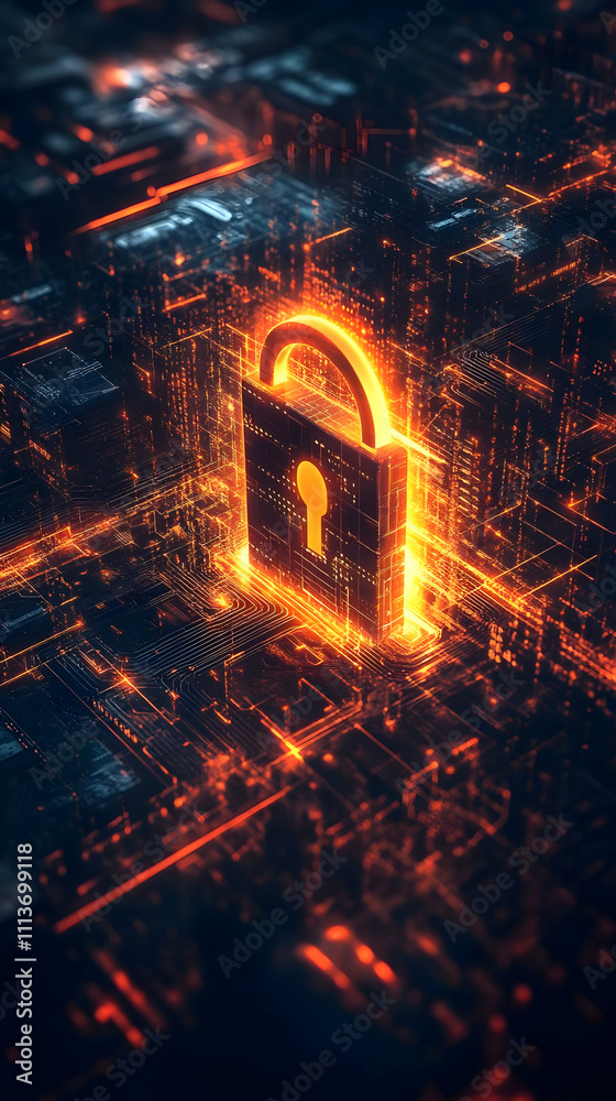 Leinwandbilder A glowing digital padlock symbolizing cybersecurity and data protection in a tech environment.