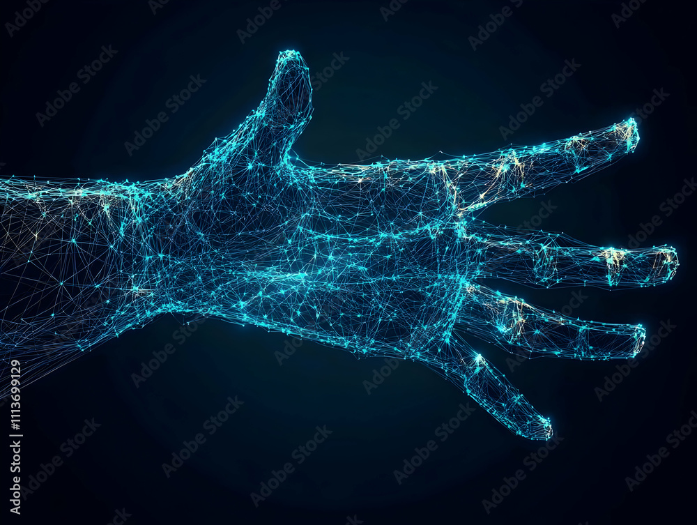 Aufkleber A digital representation of a hand, composed of interconnected lines and nodes.