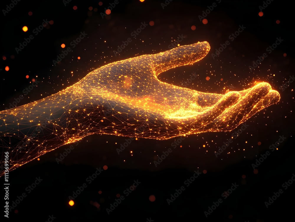 Poster a glowing hand made of particles, symbolizing connection and energy.