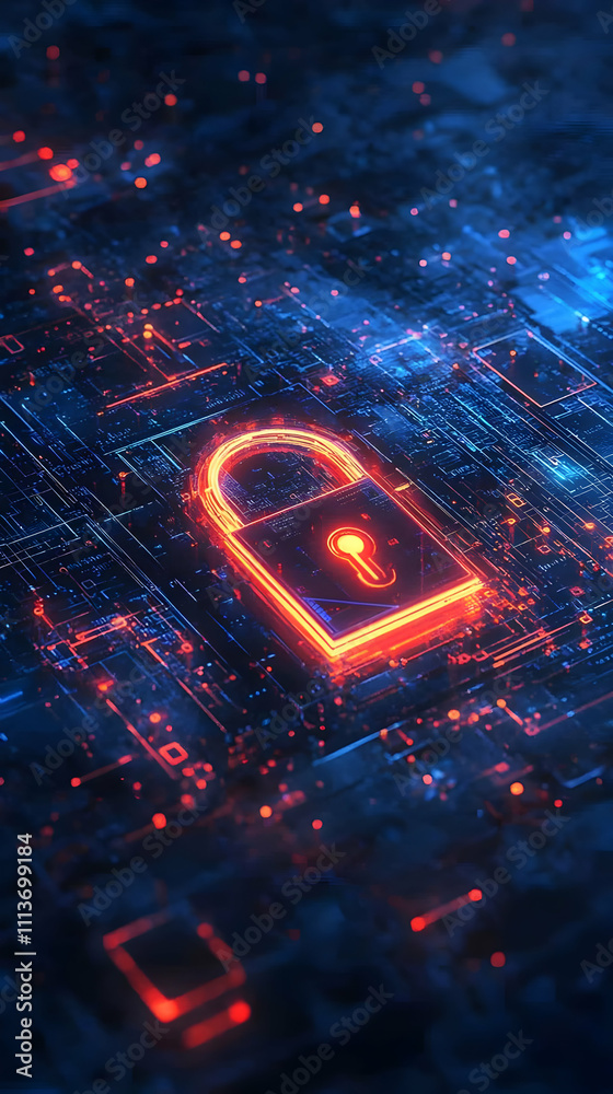 Aufkleber a glowing padlock symbol on a digital circuit background, representing cybersecurity.