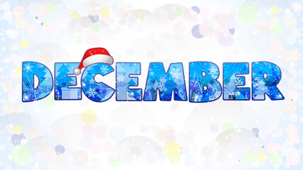 December social media greetings. Cute cover with winter snowy background and copy space. Christmas banner. Isolated elements. Editable backdrop. Word December with holiday items and clipping mask.