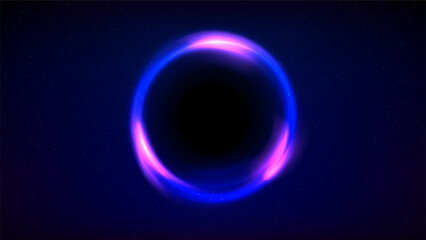Circular frame on dark background. Blue pink purple glowing circle. Abstract black hole with glowing ring in starry sky. Dark blue backdrop for products, text, copy paste. Shining light ring. Vector