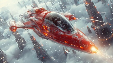 Red spaceship flying over futuristic city covered in clouds.