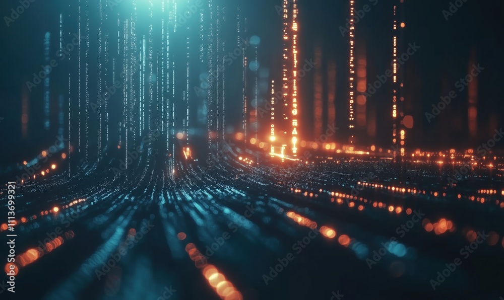 Poster digital data stream with glowing particles, abstract representation of technology and information fl