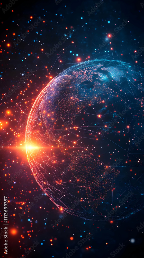 Poster a vibrant digital representation of earth surrounded by cosmic elements and glowing particles.