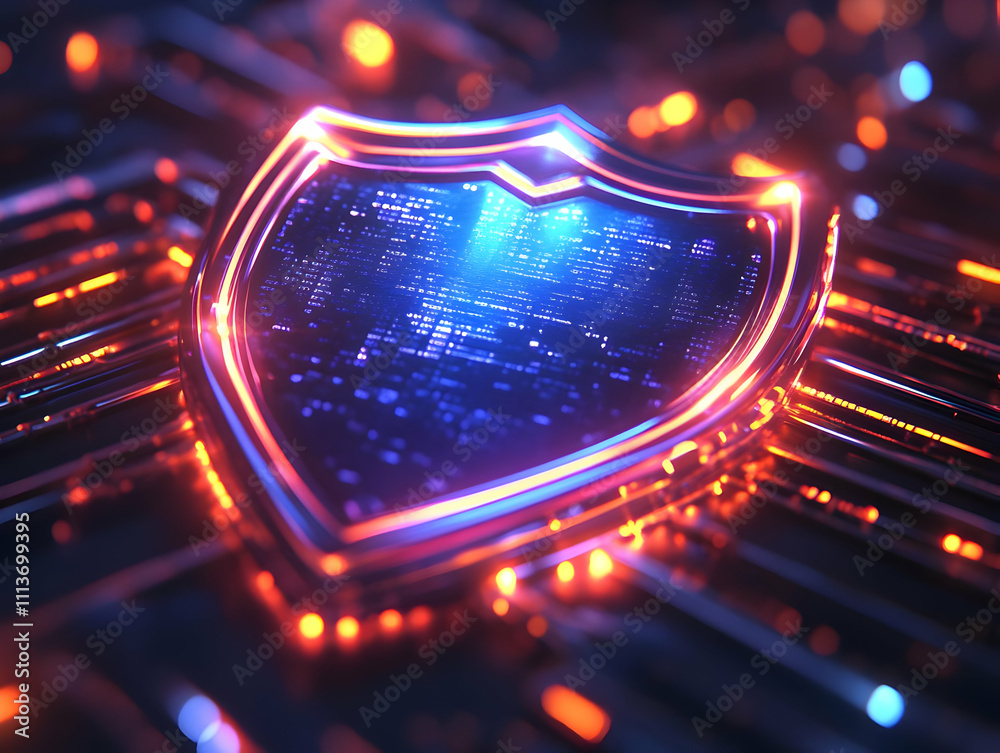 Poster a glowing shield symbolizing cybersecurity and protection in a digital landscape.