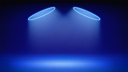 Futuristic blue stage. Room illuminated by circular neon, led halo spotlight, grid floor. Blue background for displaying products, presentation, advertising. Backdrop. Showcase. Vector illustration