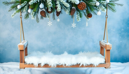 Newborn Digital Backdrop. Winter Frost Swing pinecones Themes for Newborn. For boys and girls. Background for Newborn. Photography Backdrop. white fur