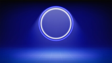 Futuristic blue stage background. Room illuminated by circular neon, modern white blue led halo spotlight, grid floor. Backdrop for displaying products, presentation, advertising. Showcase. Vector