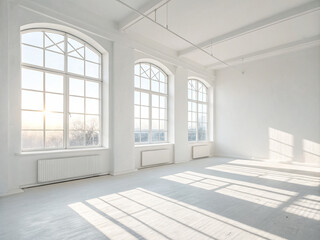 Fototapeta premium A minimalist white empty room, natural light streaming through windows, and modern home decor.