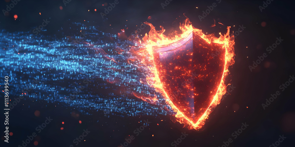 Poster a fiery shield with a glowing effect, symbolizing protection and strength.