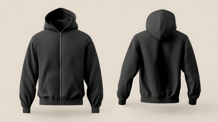 black pullover hoodie with zipper mockup for men with front and back view. hoodie mock-up template .

