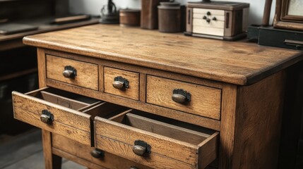 a wooden table with drawers
