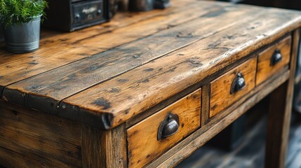 a wooden table with drawers