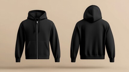 black pullover hoodie with zipper mockup for men with front and back view. hoodie mock-up template .
