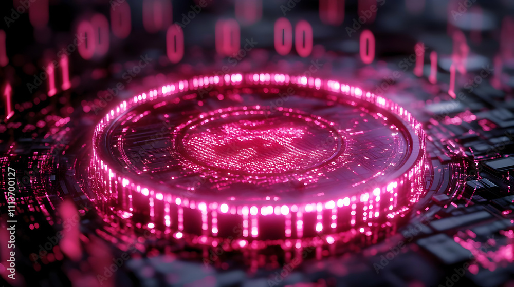 Aufkleber A high-tech digital representation featuring glowing pink binary elements and a circular design.
