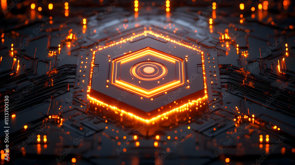 Fototapete a glowing hexagonal pattern with intricate circuitry, suggesting a technological theme.