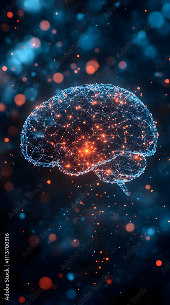 Poster A digital representation of a brain with glowing connections and particles, symbolizing intelligence.