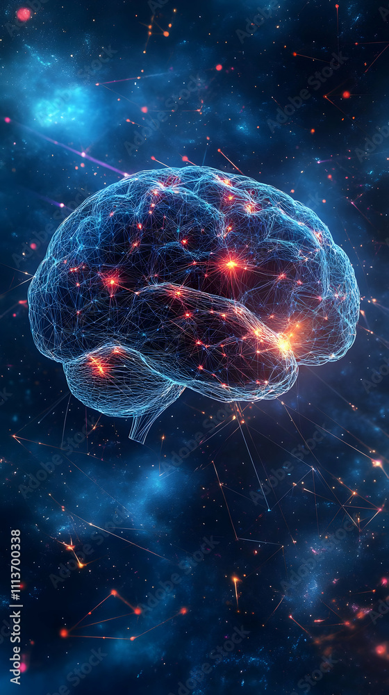 Poster a glowing brain surrounded by cosmic elements, symbolizing knowledge and consciousness.