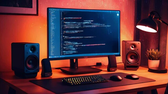 A modern workspace featuring a computer setup with speakers and ambient lighting.