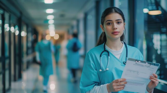 Young female medical student working with hospital staff holding records.
