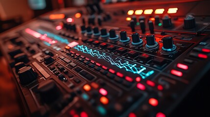 Close-up of a music mixing console with illuminated buttons and knobs displaying audio waveform.