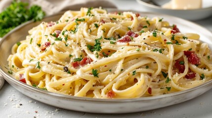 A plate of creamy pasta with bacon, garnished with parsley and cheese.