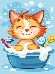A cute cat enjoying a bath in a blue tub with soap bubbles, brushes, and playful vibes, illustrated in a modern flat style, perfect for pet grooming branding and advertising..