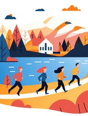 Fototapeta premium A scenic illustration of runners in a picturesque landscape with mountains, trees, and a river, depicted in a modern flat style, ideal for fitness branding and outdoor events..
