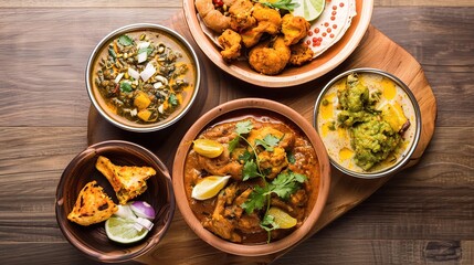Indian Cuisine with Rich Colors and Flavors on Traditional Plates, Spices, Curry, Rice, Bread, and Delicate Garnishes Presenting the Essence of Indian Gastronomy