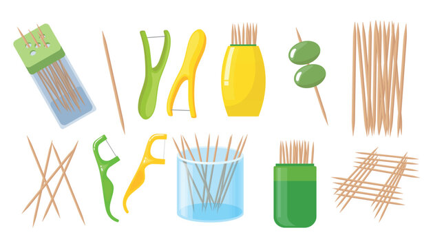  Set of toothpicks and flosses in cartoon style. Vector illustration of wooden toothpicks in packages, containers and without, dental floss - sticks, olives on a skewer, isolated on a white background