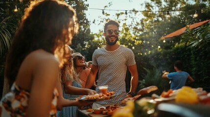 Friends enjoy a summer barbecue with food, drinks, and laughter.