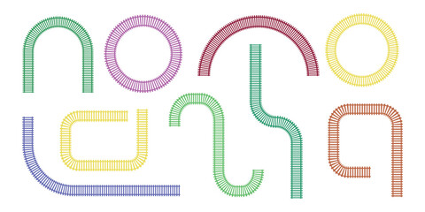 Set of colored railway tracks in cartoon style. Vector illustration of beautiful railway tracks of different shapes and sizes: circle, semicircle, wavy isolated on white background. Railway route.