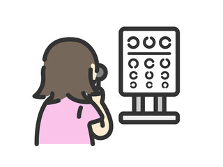 視力検査をする、女性のアイコン（線画カラー）のイラスト