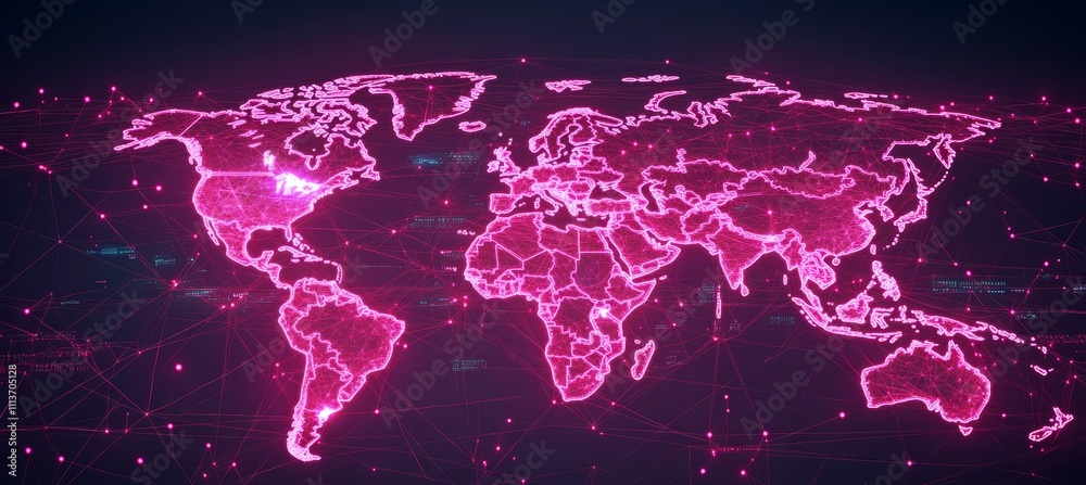 Aufkleber Glowing pink earth world map. Global earth atlas. Generative AI technology.